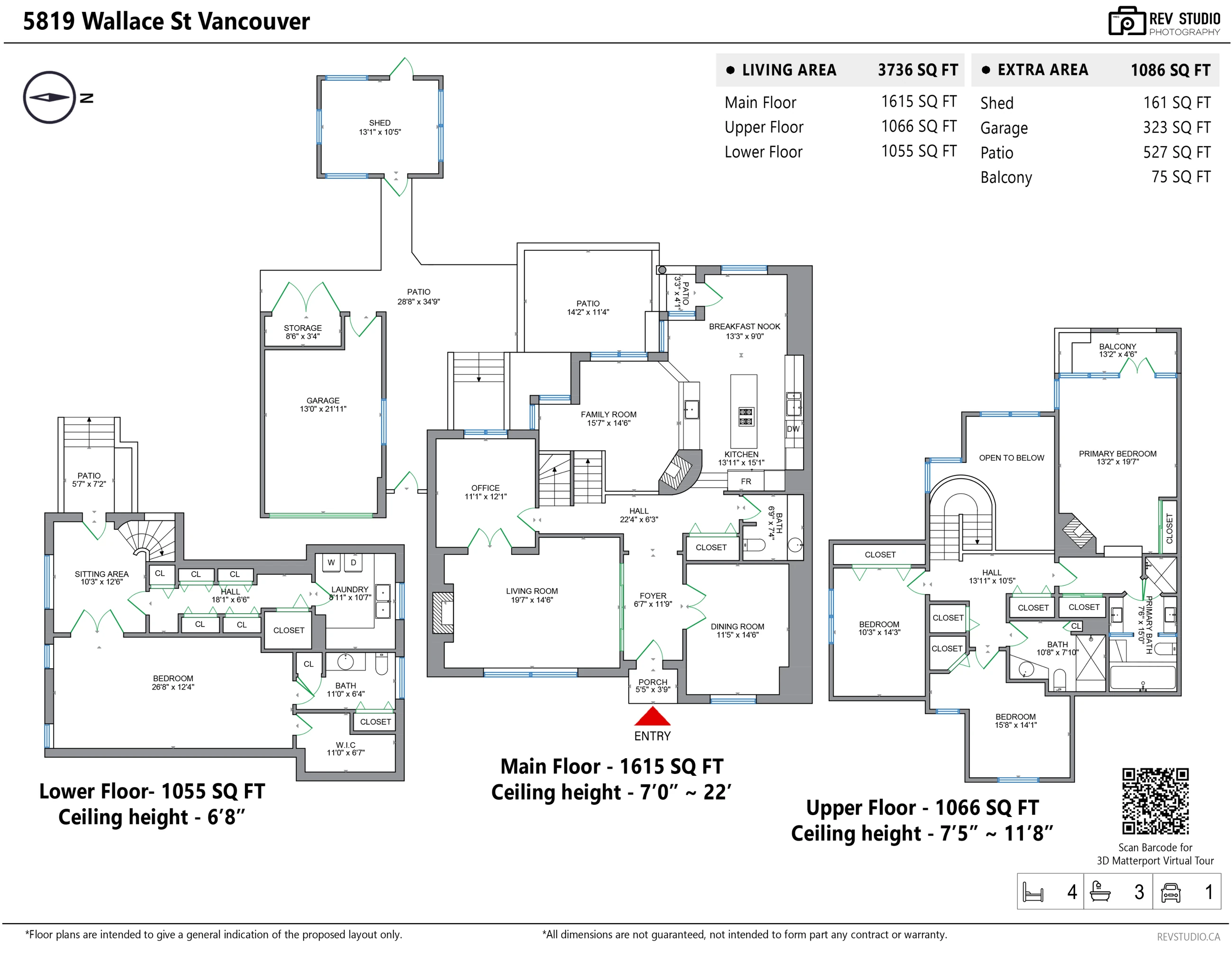 Floor plan of 5819 Wallace Street over three floors: lower floor with bedroom, sitting area, bathroom, laundry, walk-in closet and hall; main floor with foyer, living room, dining room, kitchen, breakfast nook, family room, office, bathroom, the patio and the garage; upper floor with the primary bedroom, its bathroom and balcony, two bedrooms, a bathroom and the hall open to below; the shed at the end of the garden