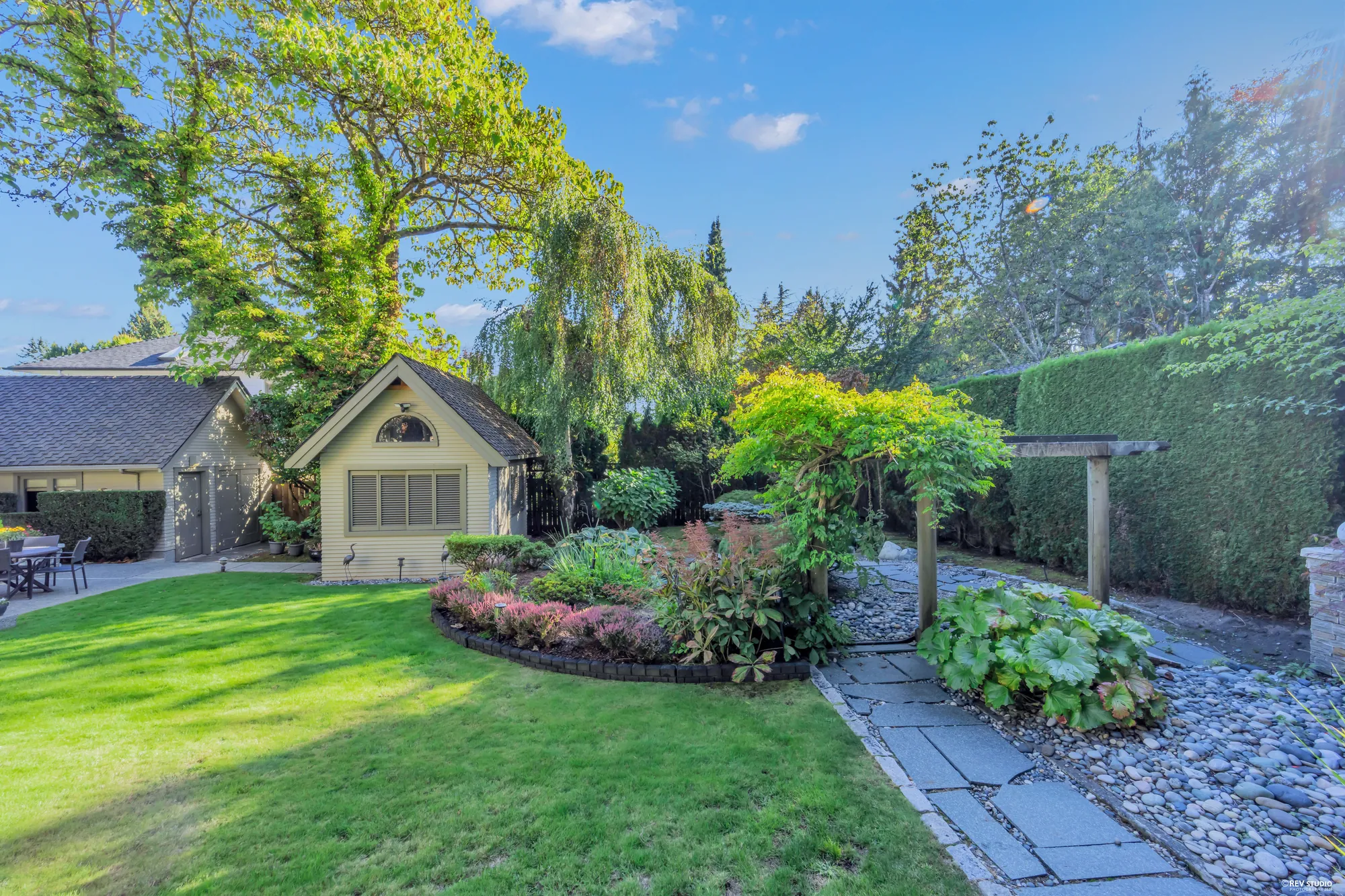 The garden: the lawn, a hedge along the side, the pergola, and the shed with its gable at the end